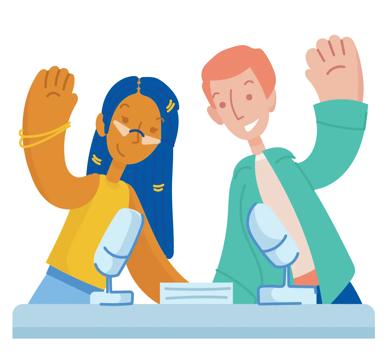 Illustration of two people waving while seated at microphones behind a desk.